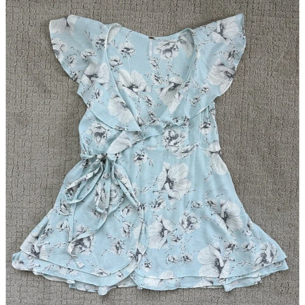 Free People French Quarter Wrap Dress M Blue White Floral Ruffle Boho Mini
